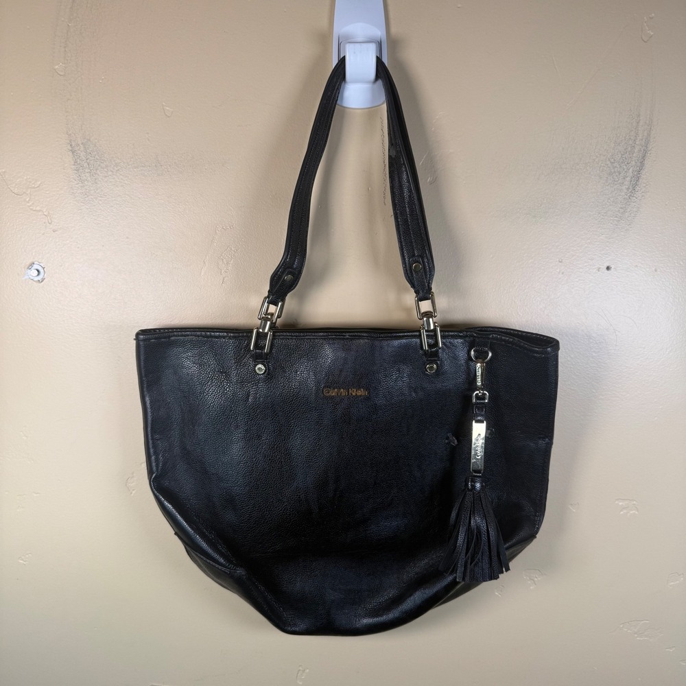 Calvin Klein Tote Bag Women Large Black Pebbled Gold Hardware Tassel Shoulder